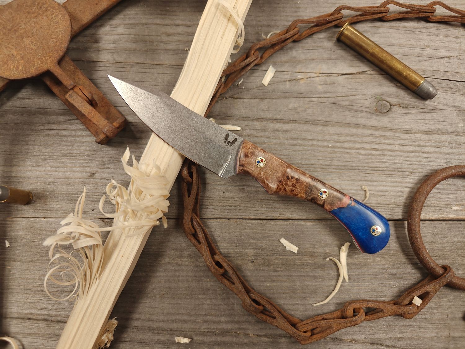 Semper Sharp Field Day 3.75" Knife / Maple Burl w/ Blue Resin, Red White &amp; Blue Liners / Satin Splashed Nitro-V