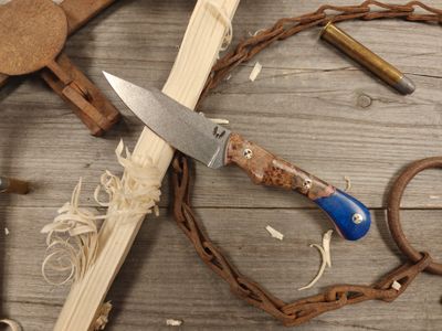 Semper Sharp Field Day 3.75&quot; Knife / Maple Burl w/ Blue Resin, Red White &amp; Blue Liners / Satin Splashed Nitro-V