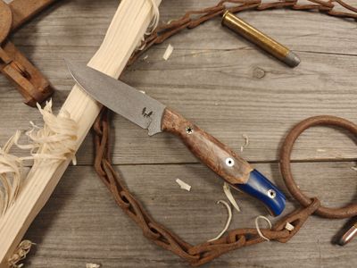 Semper Sharp Outdoorsman 3.5&quot; Fixed Blade / Maple Burl w/ Blue Resin, Natural Micarta Liners / Satin Splashed Nitro-V