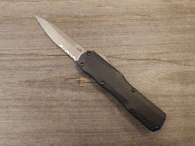 Kershaw Livewire 3.4&quot; Partially Serrated OTF Auto / Black Aluminum / Stonewash Magnacut