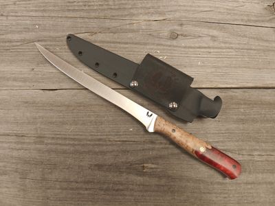 Semper Sharp 8.5&quot; Fillet / Maple Burl w/ Merlot Resin / Micarta Liners / Micarta Outer Pins, Mosaic Center / Satin Nitro V