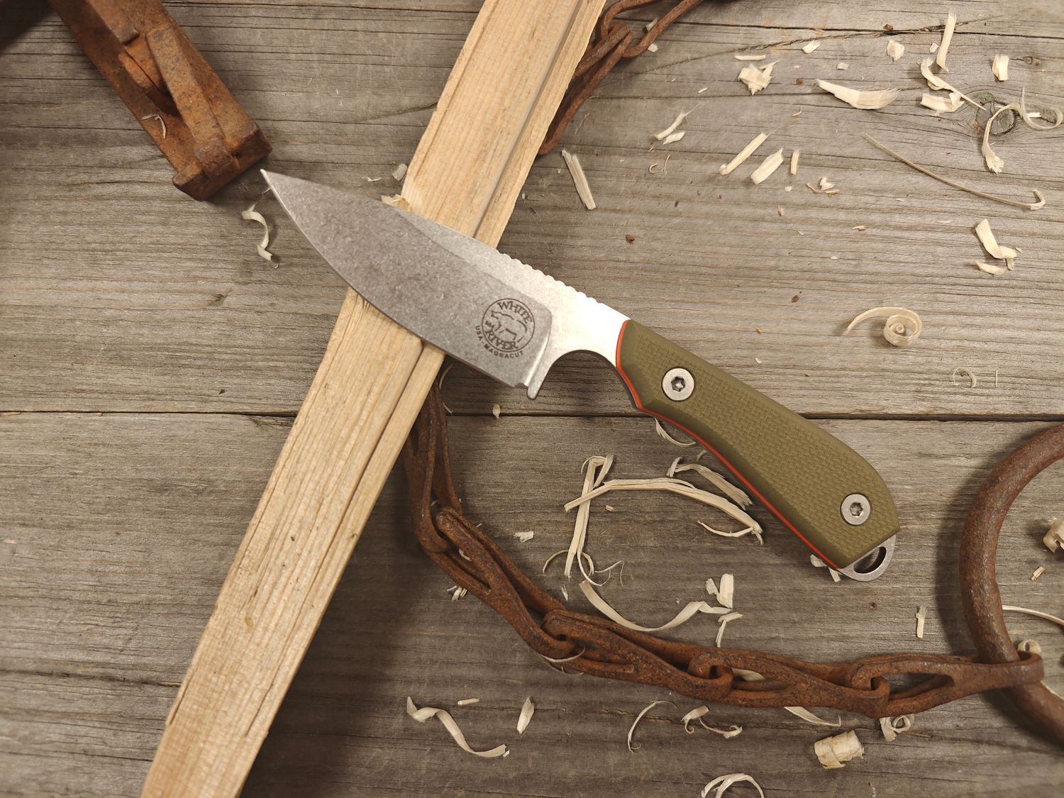 White River Knives Model 1 Pro 3" Fixed Blade Knife / Green Textured G10 &amp; Orange Liner / Stonewashed CPM-MagnaCut