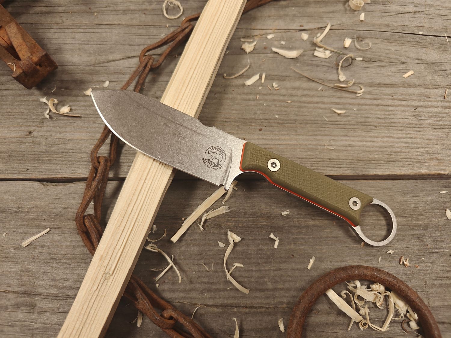 White River Knives Firecraft 3.5 Pro 3.5" Fixed Blade Knife / Green &amp; Orange Textured G10 / Stonewashed MagnaCut