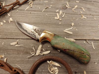 ABE Knives 2.75&quot; Trailing Point Fixed Blade / Dyed Birch Burl w/ Brass Bolster / San Mai 80Crv2/15n20