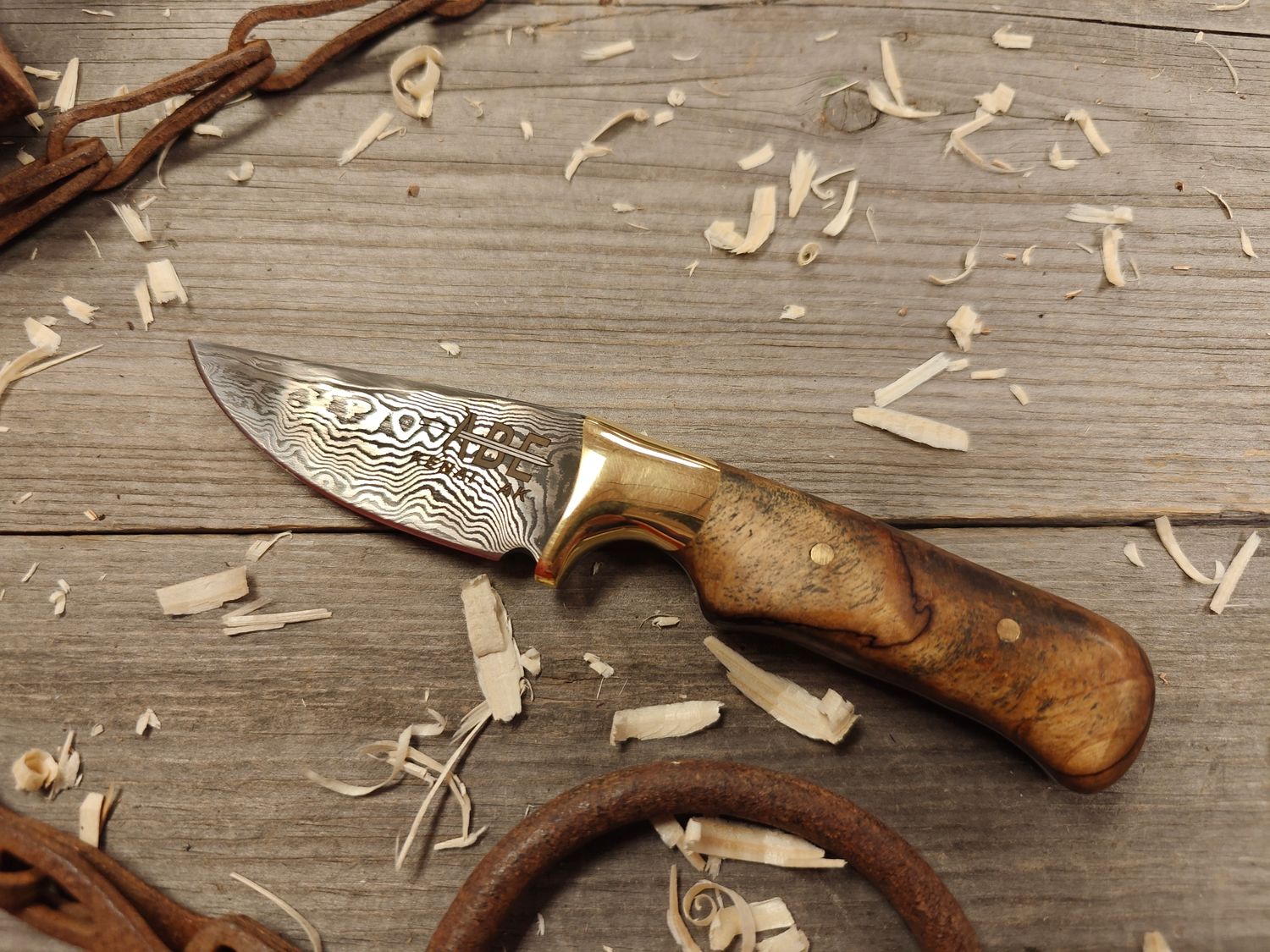 ABE Knives 2.75&quot; Fixed Blade / Birch Burl w/ Brass Bolster / 78 Layer Damascus w/ 80Crv2/15n20