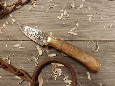 ABE Knives 3.2&quot; Fixed Blade / Birch Burl w/ Brass Bolster / 78 Layer Damascus w/ 80Crv2/15n20