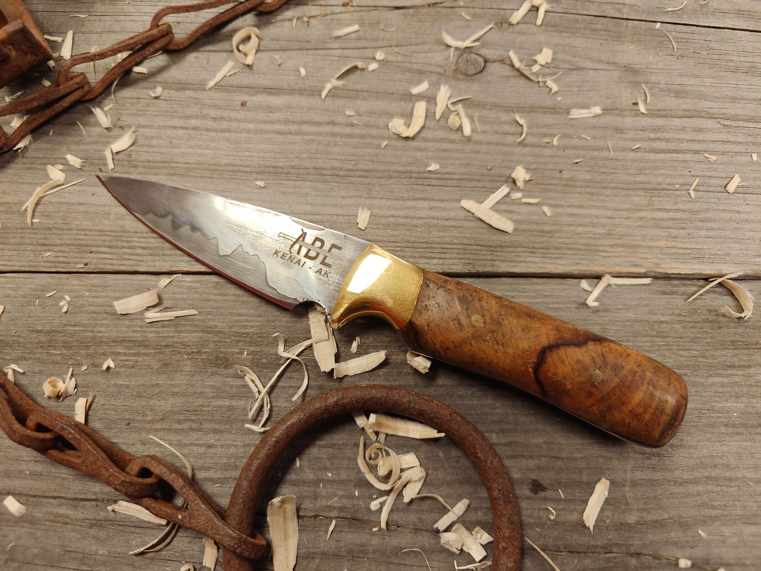 ABE Knives 3.5” utility / Birch Burl brass bolster / san mai 15n20/80crv2