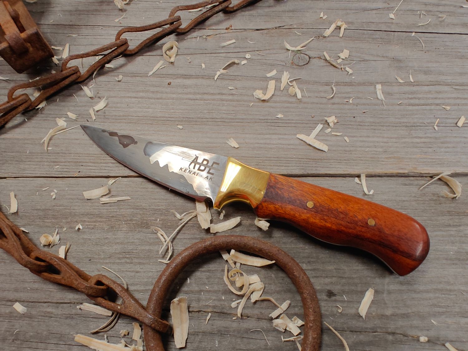 ABE Knives 3.75&quot; Fixed Blade / Bullet Wood and Brass Bolster / San Mai 80CRV2 and 15N20