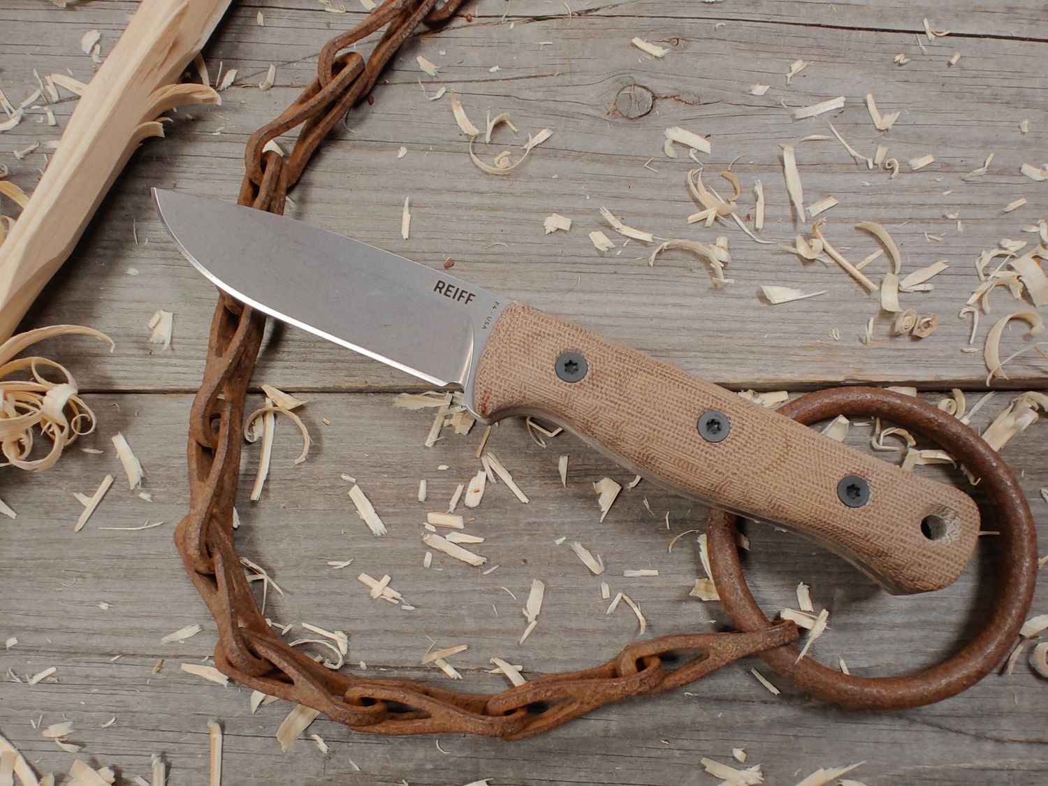 Reiff Knives F4 Saber  Bushcraft Survival 4&quot; Fixed Blade / Natural Micarta / Stonewash CPM MagnaCut / Leather Sheath