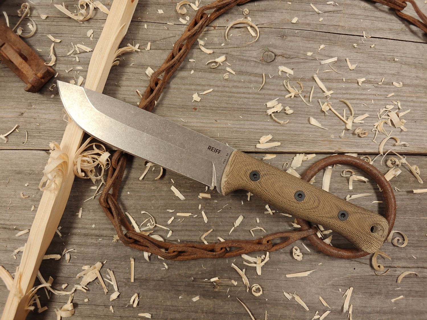 Reiff Knives F6 Saber 6&quot; Fixed Blade / Green Canvas Micarta / Stonewash CPM 3V / Leather Sheath