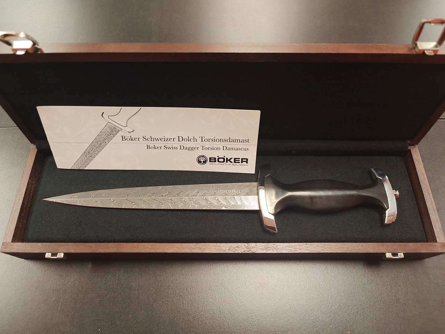 Boker Swiss Dagger Twisted Damascus 8.5&quot; Fixed Blade / Ebony With Nickel Silver Bolster &amp; Pommel / Torsion Damascus