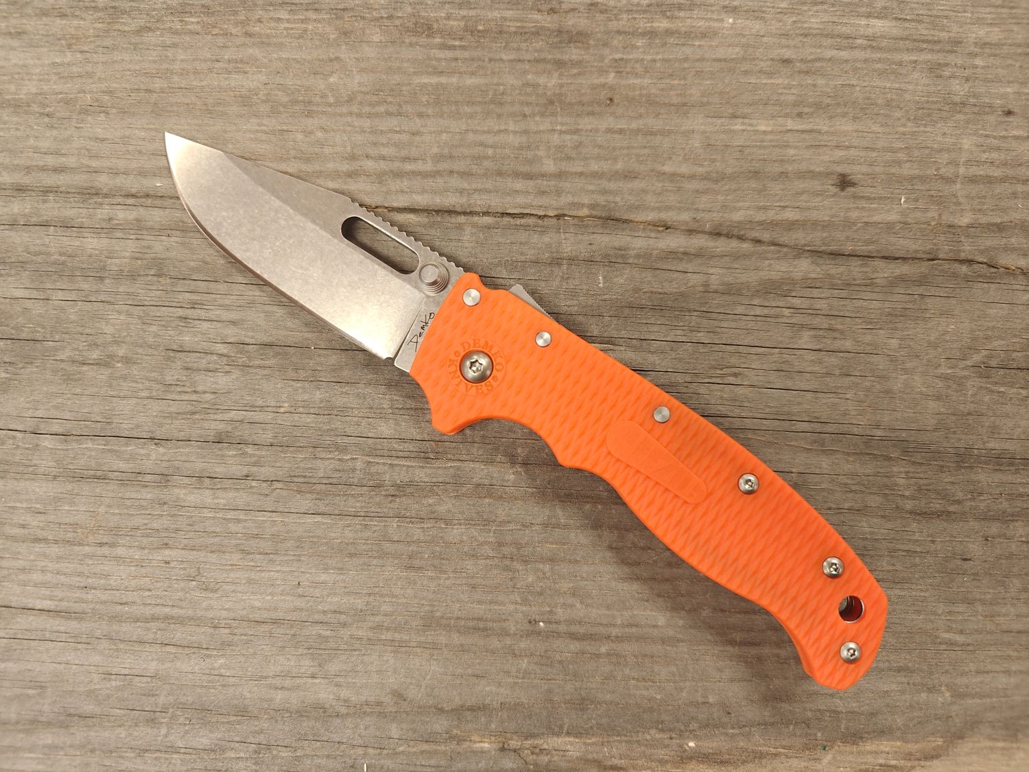 Demko AD20.5 3&quot; Clip Point Shark Lock  / Orange Grivory / Stonewash D2