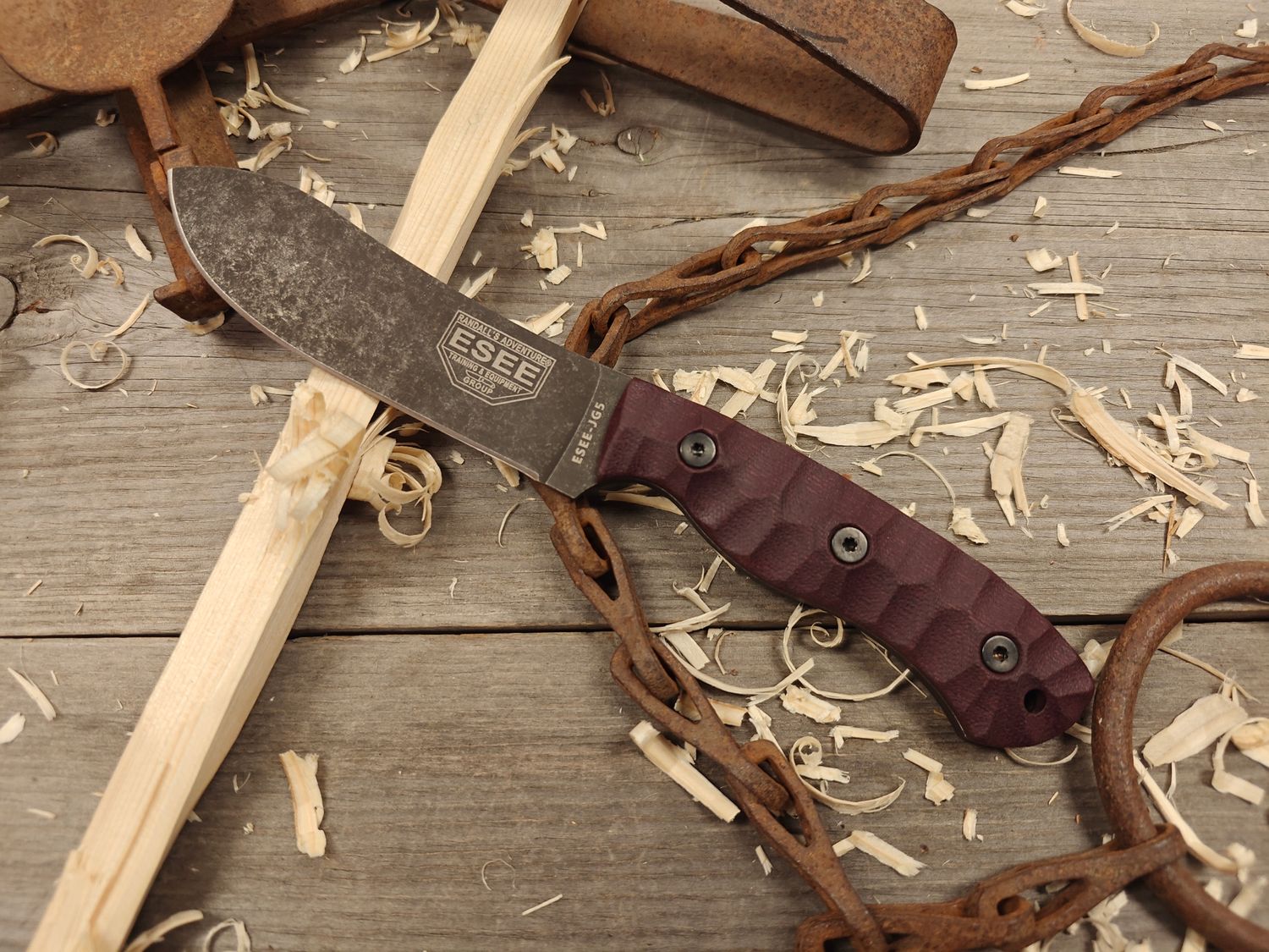 ESEE Knife James Gibson 5&quot; Fixed Blade / Burgundy Linen Micarta / Black Stonewash 1095