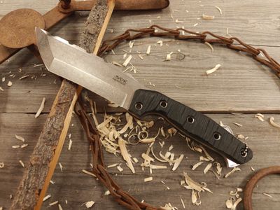 3DK Amuk 6&quot; Fixed Tanto Point, Elmax Blade / Black G10 handle / Rocky Mountain Proto / Leather Sheath