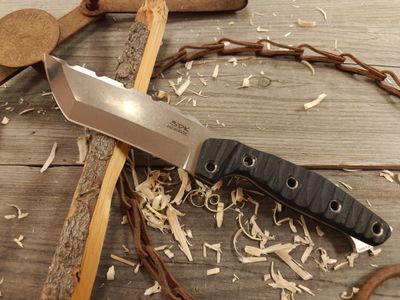 3DK Amuk 6&quot; Fixed Tanto Point, Elmax Blade / Black G10 handle / Rocky Mountain Scales / Leather Sheath