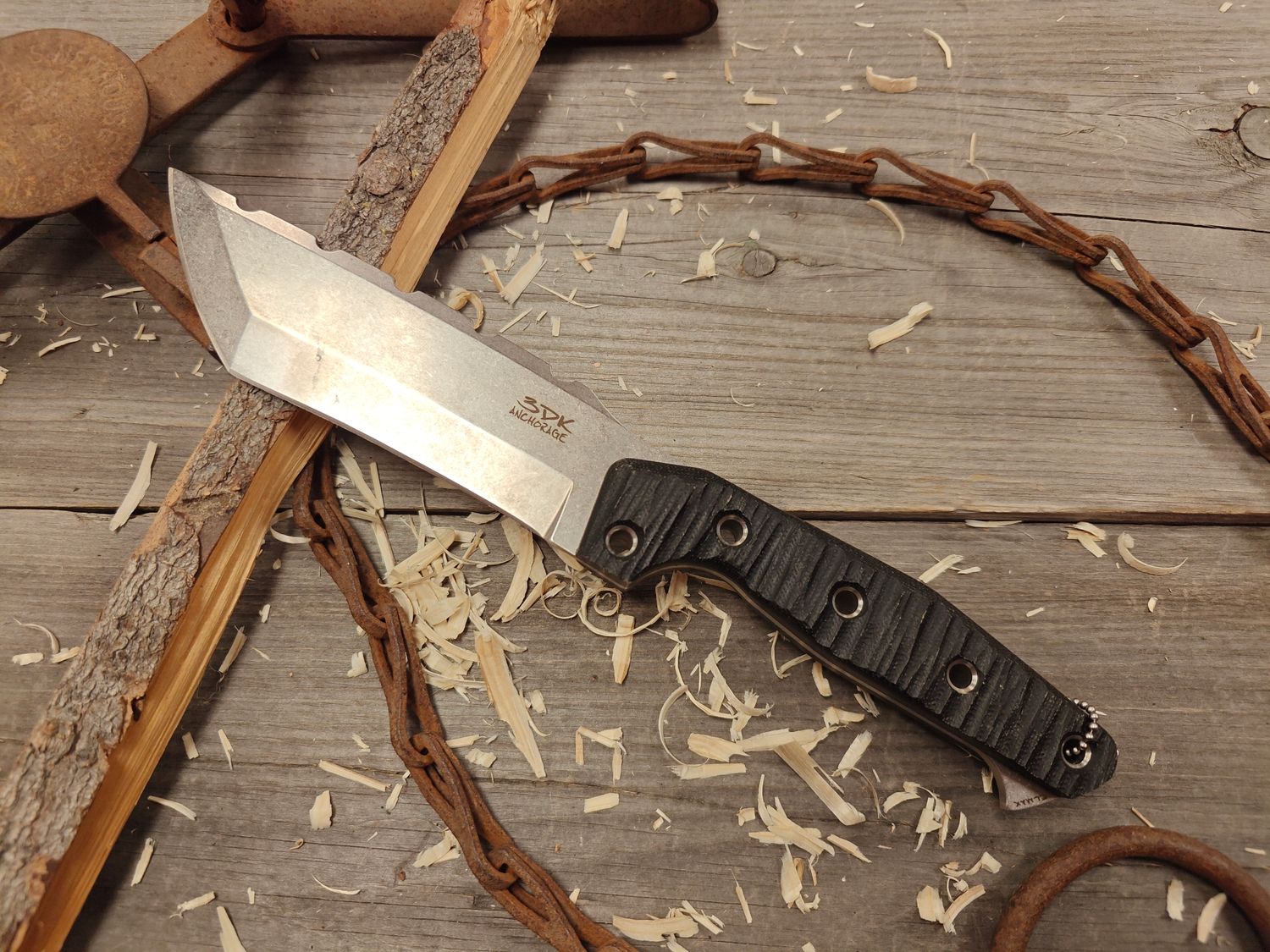 3DK Amuk 6&quot; Fixed Tanto Point, Elmax Blade / Black G10 handle / Rocky Mountain Scales / Kydex Sheath