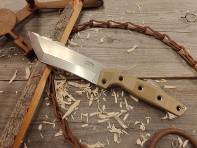 3DK Amuk 6&quot; Fixed Tanto Point, Elmax Blade / Desert Tan G10 Scales / V1 Scales / Leather Sheath