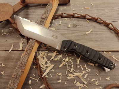 3DK Amuk 6&quot; Fixed Tanto Point, Elmax Blade / Black Micarta / Rocky Mountain Scales / Leather Sheath