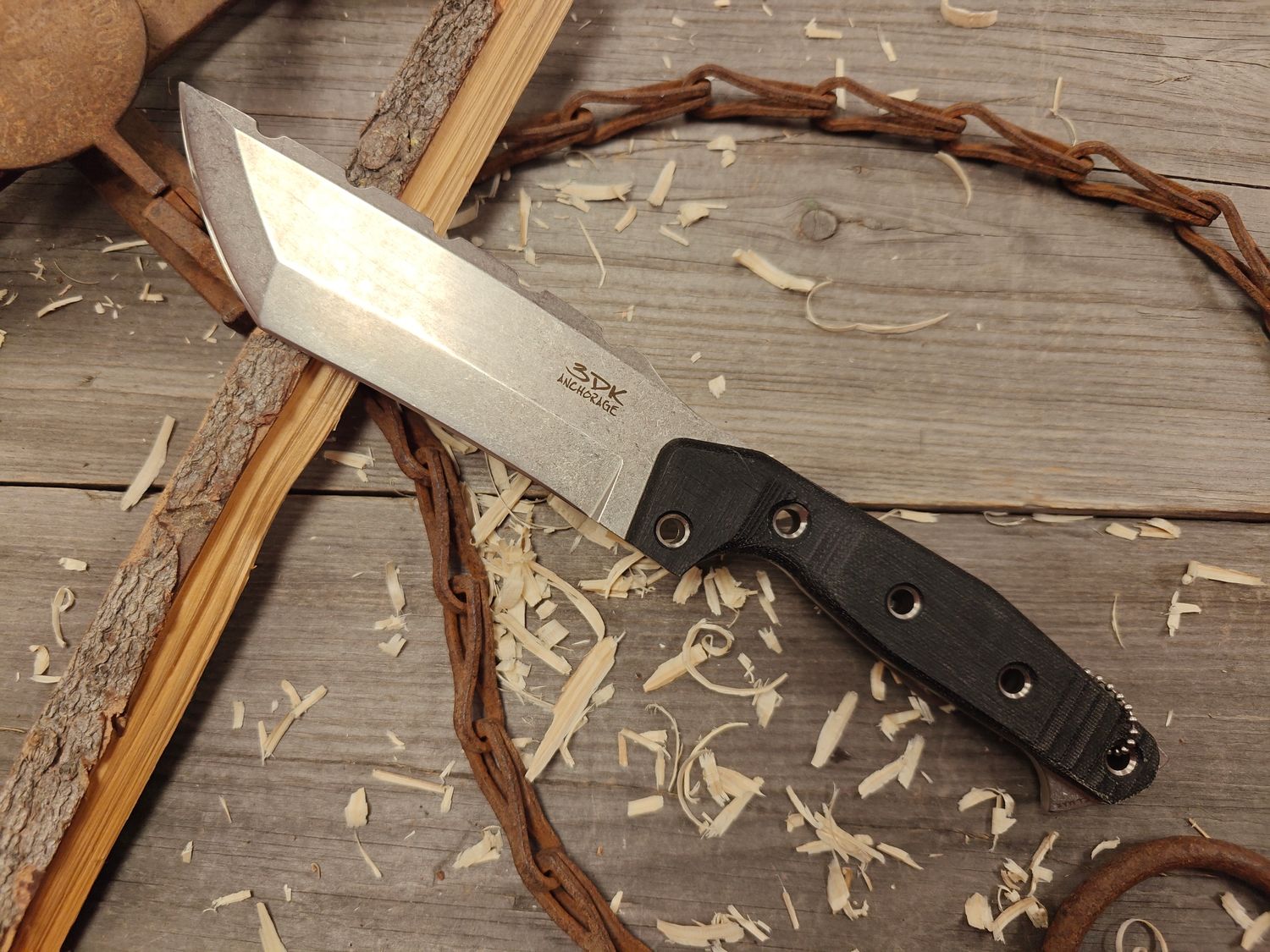 3DK Amuk 6&quot; Fixed Tanto Point, Elmax Blade / Black Micarta / V1 Scales / Leather Sheath