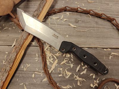 3DK Amuk 6&quot; Fixed Tanto Point, Elmax Blade / Black Micarta / V1 Scales / Leather Sheath