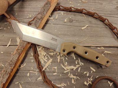 3DK Amuk 6&quot; Fixed Tanto Point, Elmax Blade / Desert Tan G10 Scales / V1 Scales / Kydex Sheath