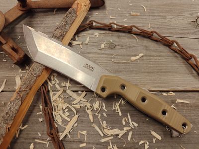 3DK Amuk 6&quot; Fixed Tanto Point, Elmax Blade / Desert Tan G10 Scales / V1 Scales / Kryptec Kydex Sheath