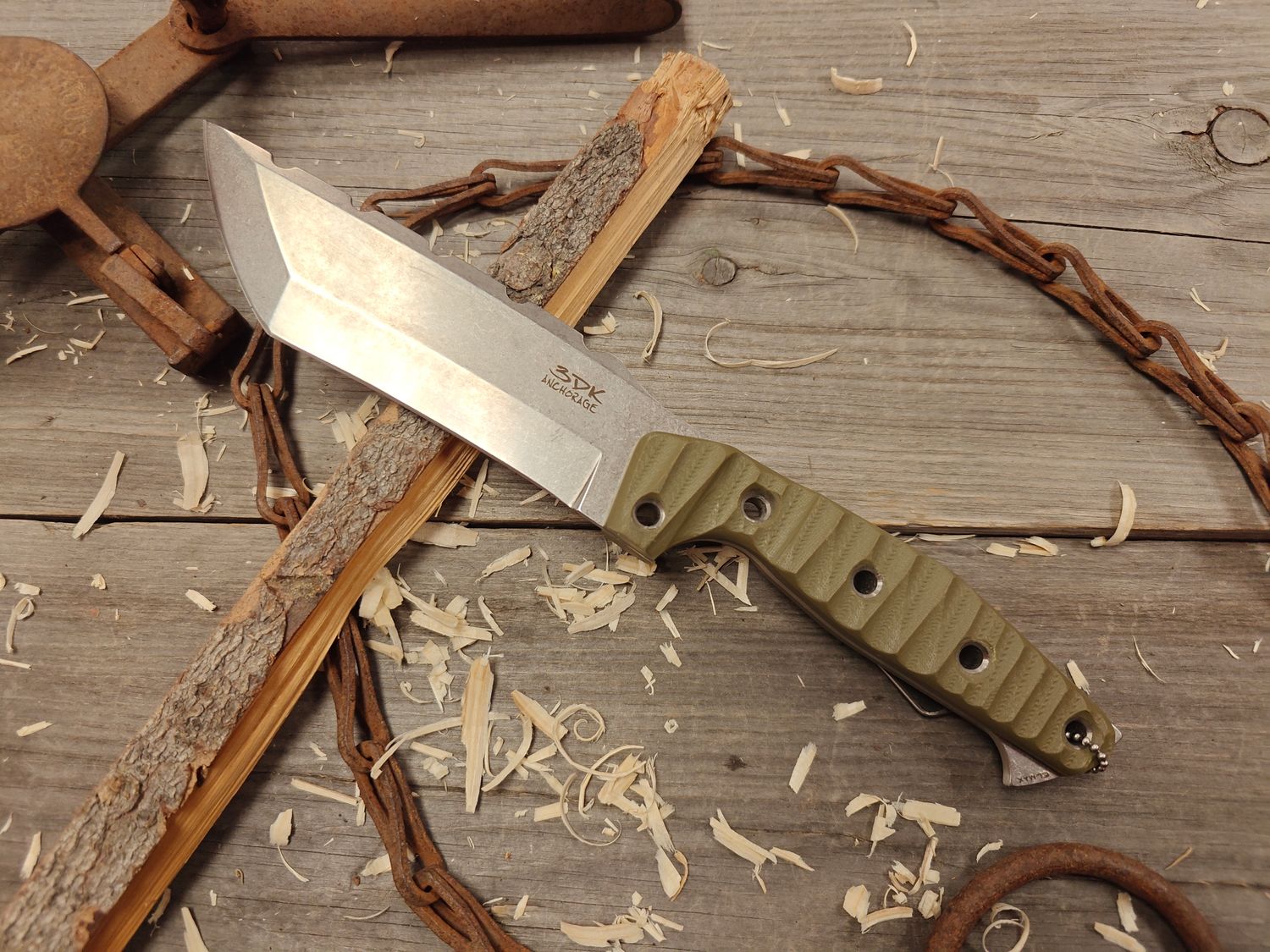 3DK Amuk 6&quot; Fixed Tanto Point, Elmax Blade / OD G10 / Rocky Mountain Scales / Leather Sheath