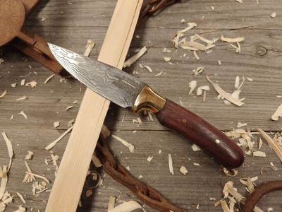 Abe Knives 3.75&quot; Fixed Blade / Purple Heart w/ Brass Bolster / 48 Layer Damascus 80Crv2/15n20