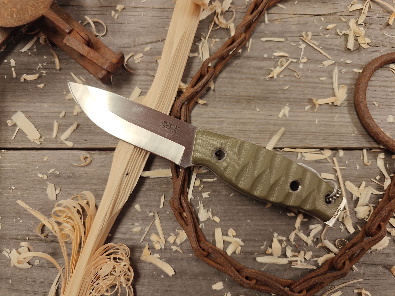 3DK Fuukko 3.75&quot; Fixed Blade, N690 Blade / OD Green G10 / Chugach Texture / Leather Sheath