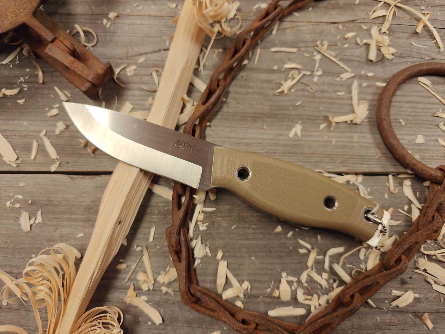 3DK Fuukko 3.75&quot; Fixed Blade, N690 Blade / Desert Tan G10 / V1 Texture / Leather Sheath