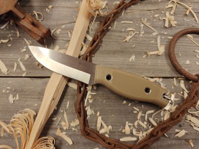 3DK Fuukko 3.75&quot; Fixed Blade, N690 Blade / Desert Tan G10 / V1 Texture / Leather Sheath