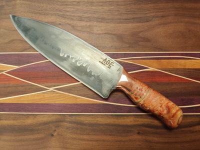 Abe Knives 8.5&quot; Chef Knife / Stabilized Dyed AK Birch Burl With Copper Bolster / San Mai 15N20&amp; 80CRV2