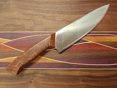 Wood Bear Knives 7.25&quot; Chef Knife / Amboyna Burl / Satin 5/32&quot; CPM 3V