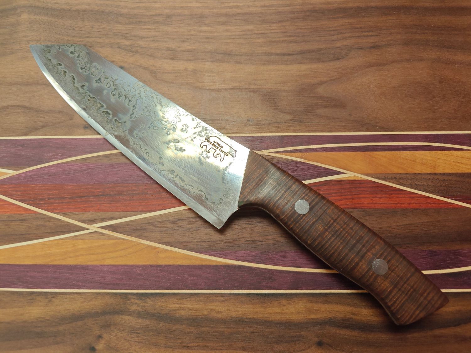 Wood Bear Knives 7&quot; Kiritsuki Knife / Ringed Gidgee / Patinated 5/32&quot; 52100
