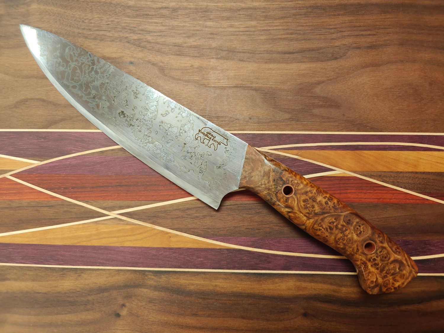 Wood Bear Knives 7.5" Chef Knife / Amboyna Burl / Patinated 5/32" 52100