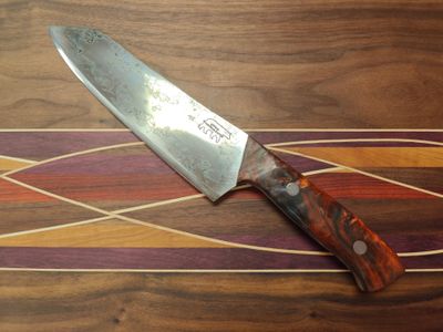 Wood Bear Knives 7&quot; Kiritsuki Knife / Dyed Birch Burl / Patinated 5/32&quot; 52100