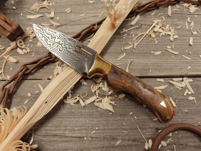 ABE Knives 48 Layer Damascus 4.25&quot; Fixed Blade / Stabilized Drift Wood w/ Brass Bolster &amp; Pommel / 80Crv2 &amp; 15n20