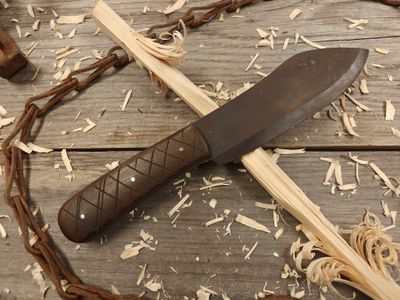 ML Knives Mountain Skinner 5.75&quot; Fixed Blade / Aged Black Walnut w/ Cross-Hatch, Steel Pins / Forged 1095 Dark Vintage Aged