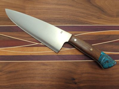 Isley Blades 8&quot; Chef Knife / Cocobolo &amp; Alumilite Pommel With Sky Blue Liner / Satin 14C28N