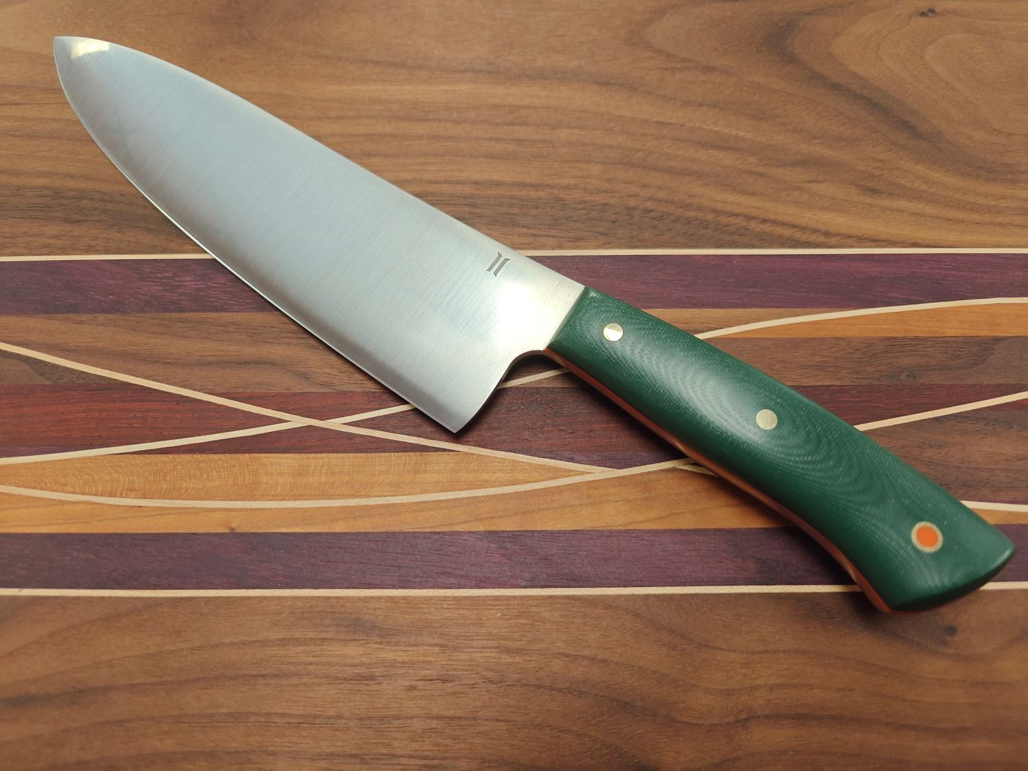 Isley Blades 8&quot; Chef Knife / Green G10 &amp; Orange Liners &amp; Pin / Satin 14C28N