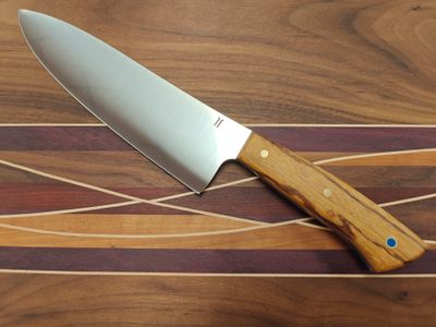 Isley Blades 8&quot; Chef Knife / Stabilized Zebrawood &amp; Blue Liners &amp; Pin / Satin 14C28N