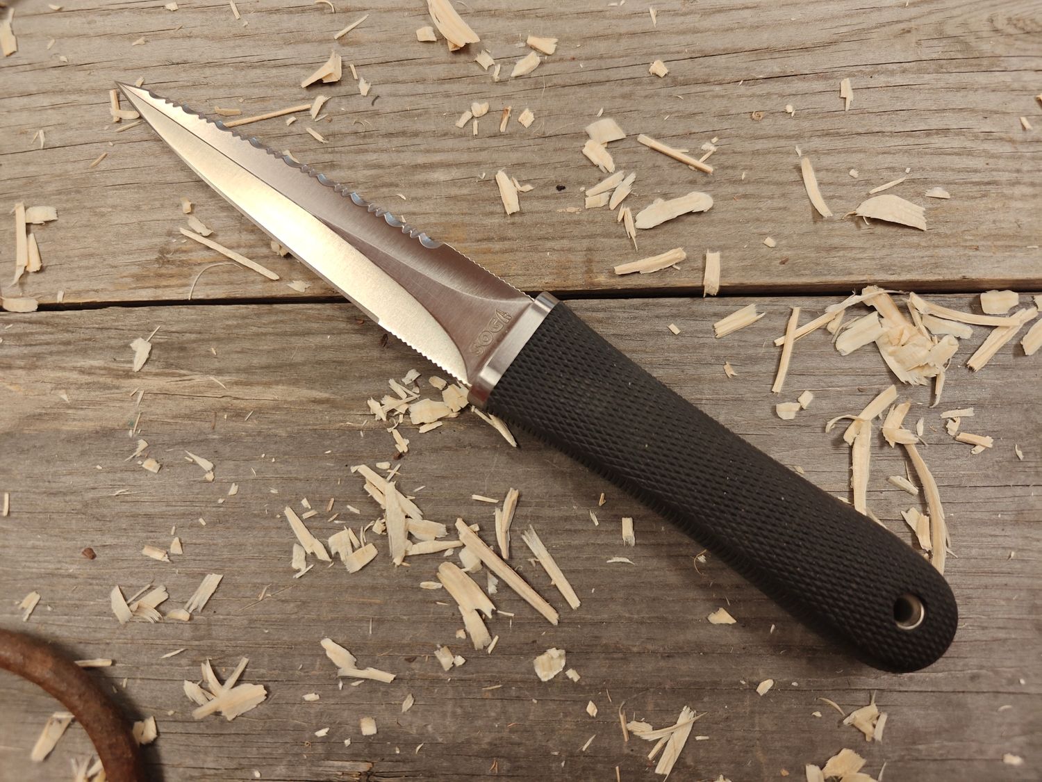 SOG S14 Pentagon 5&quot; Half Serrated Fixed Blade / Black Krayton &amp; Stainless Steel Guard / Satin Stainless Steel (Pre-Owned)