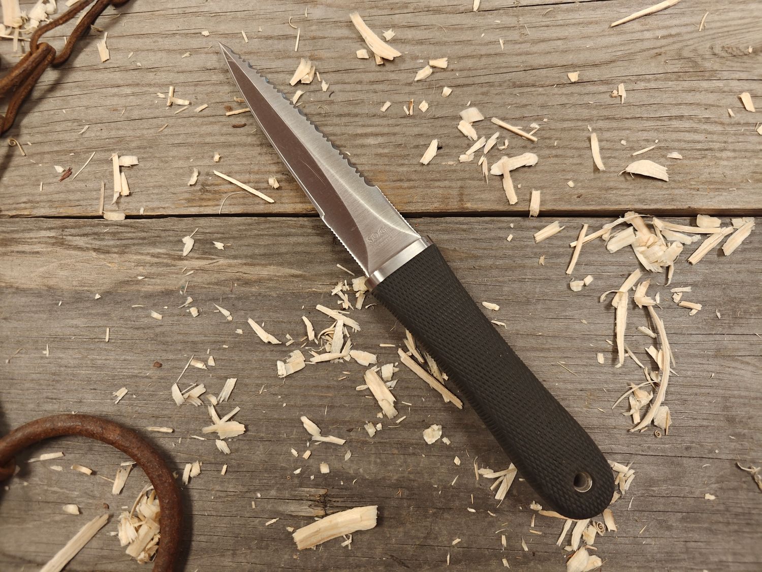 SOG S14 Pentagon 5" Half Serrated Fixed Blade / Black Krayton &amp; Stainless Steel Guard / Satin Stainless Steel (Pre-Owned)