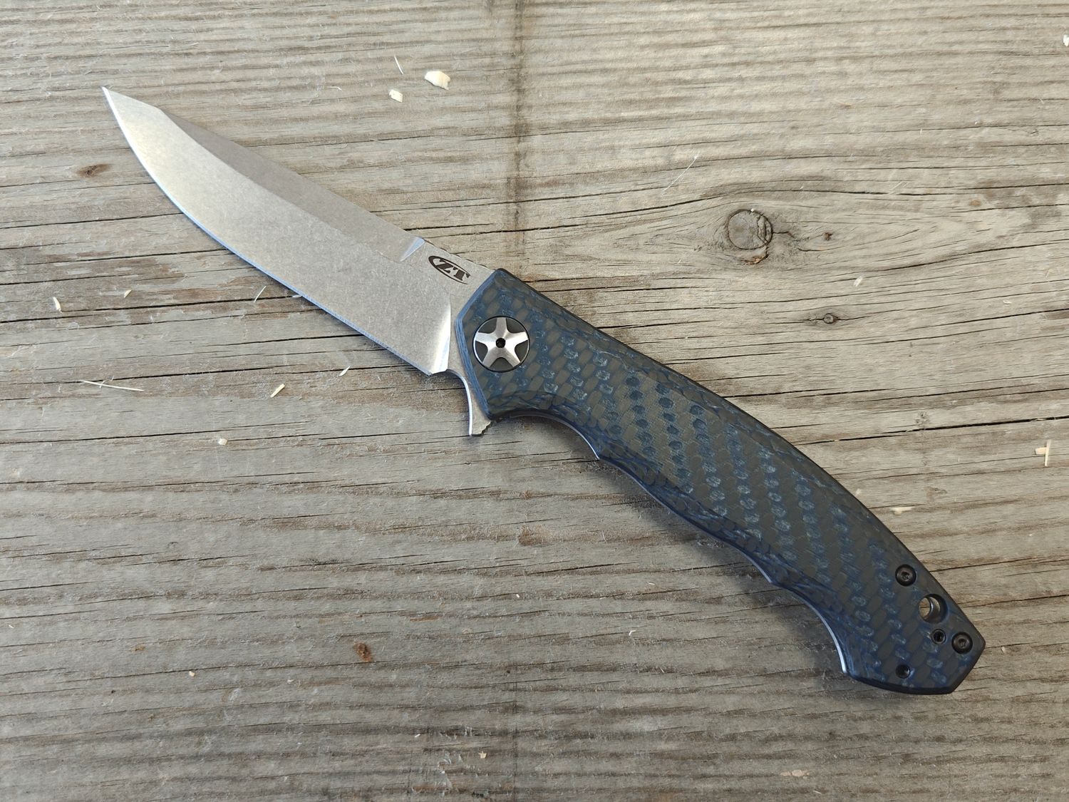 Zero Tolerance 0452 Sinkevich 4.1" Flipper Knife / Blue Carbon Fiber &amp; Titanium / Stonewash CPM-MagnaCut