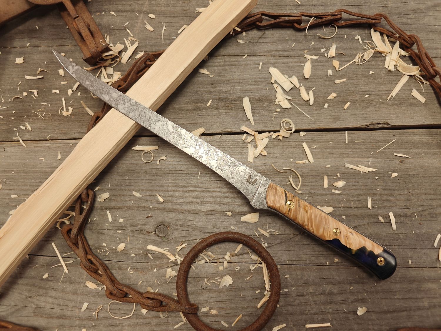 Semper Sharp 8.5" Fillet Knife / Stabilized Buckeye W/ Northern Light Resin & Natural Micarta Liner / Acidwash Rockwork Nitro-V Semper Sharp 8.5" Fillet Knife / Stabilized Buckeye W/ Northern Light Resin & Natural Micarta Liner / Acidwash Rockwork Nitro-V