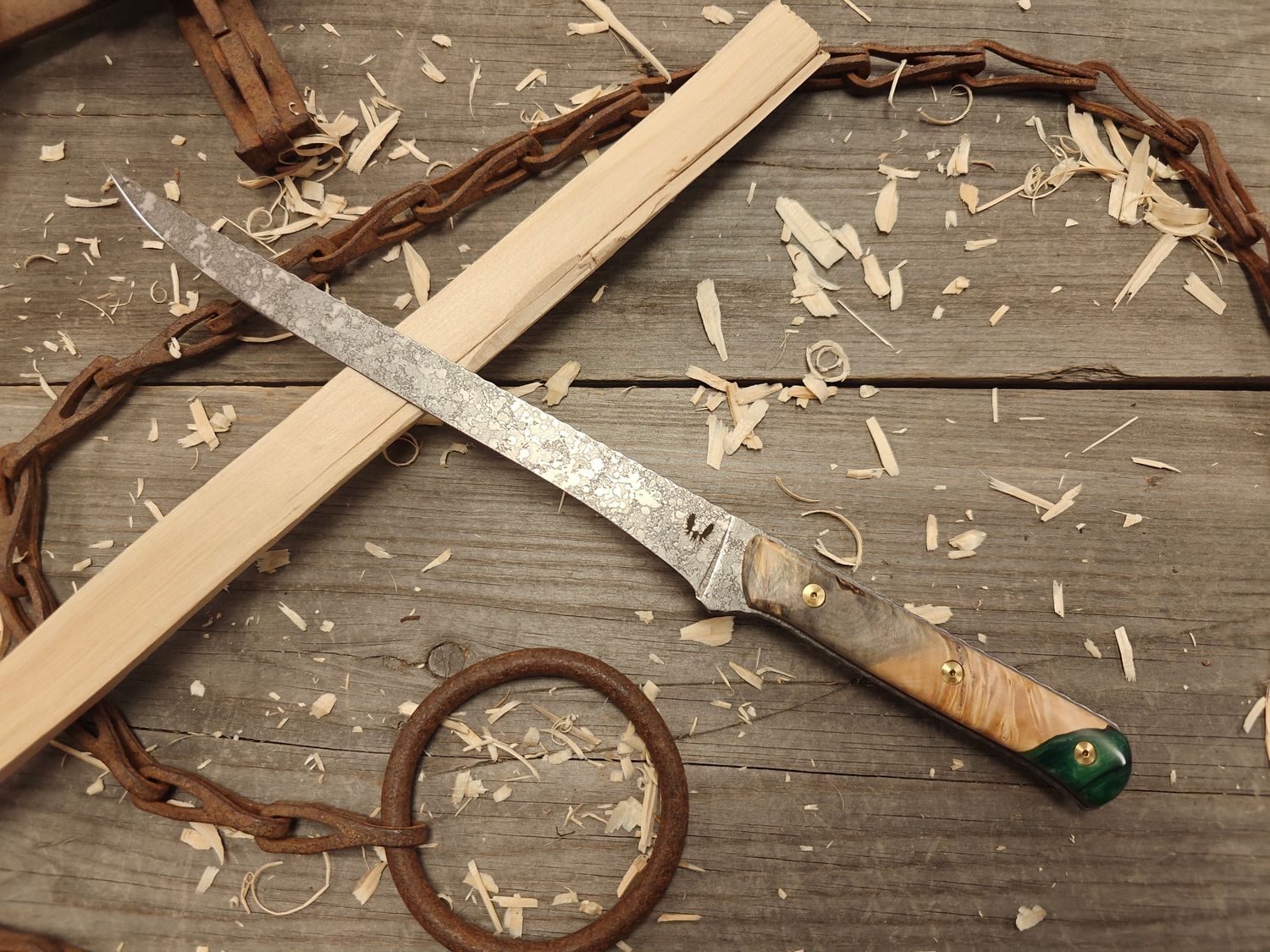 Semper Sharp 8.5" Fillet Knife / Stabilized Buckeye W/ Northern Light Resin & Natural Micarta Liner / Acidwash Rockwork Nitro-V Semper Sharp 8.5" Fillet Knife / Stabilized Buckeye W/ Northern Light Resin & Natural Micarta Liner / Acidwash Rockwork Nitro-V
