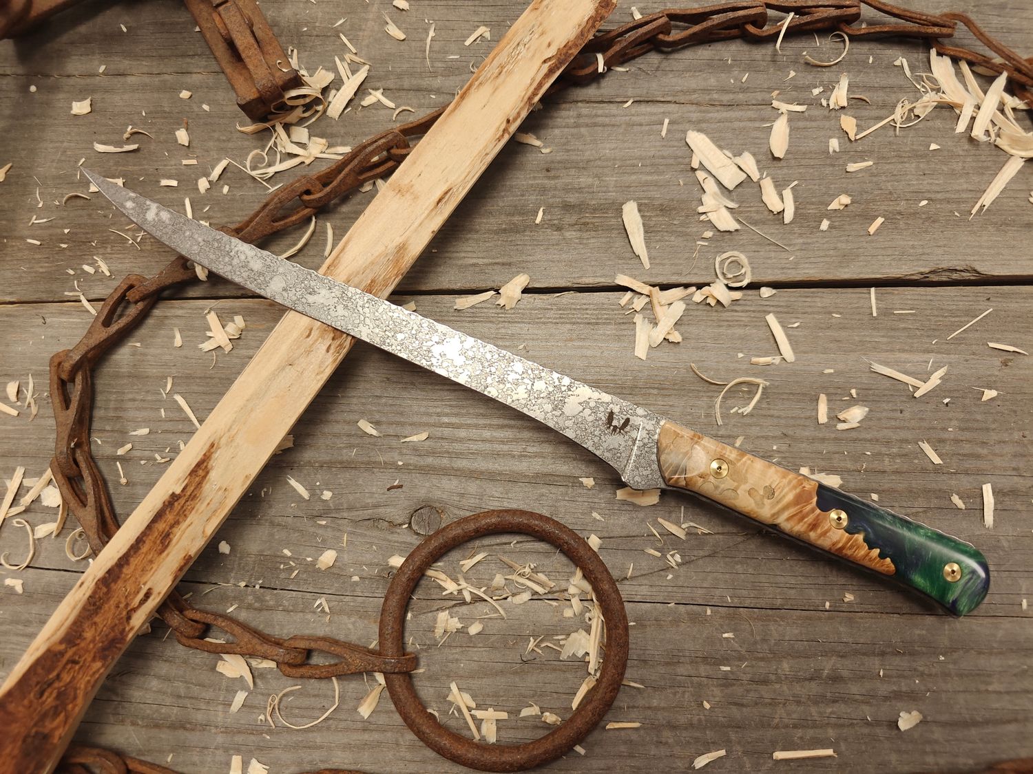 Semper Sharp 8.5" Fillet Knife / Stabilized Buckeye W/ Northern Light Resin & Natural Micarta Liner / Acidwash Rockwork Nitro-V Semper Sharp 8.5" Fillet Knife / Stabilized Buckeye W/ Northern Light Resin & Natural Micarta Liner / Acidwash Rockwork Nitro-V