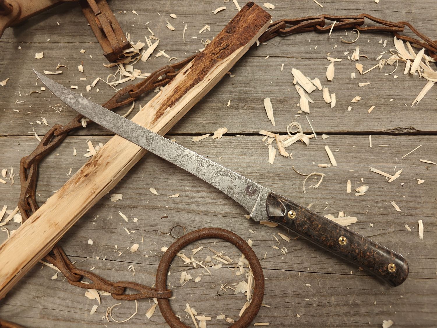 Semper Sharp 8.5" Fillet Knife / Stabilized Dyed Black Redwood Burl & Natural Micarta Liner / Acidwash Rockwork Nitro-V Semper Sharp 8.5" Fillet Knife / Stabilized Dyed Black Redwood Burl & Natural Micarta Liner / Acidwash Rockwork Nitro-V