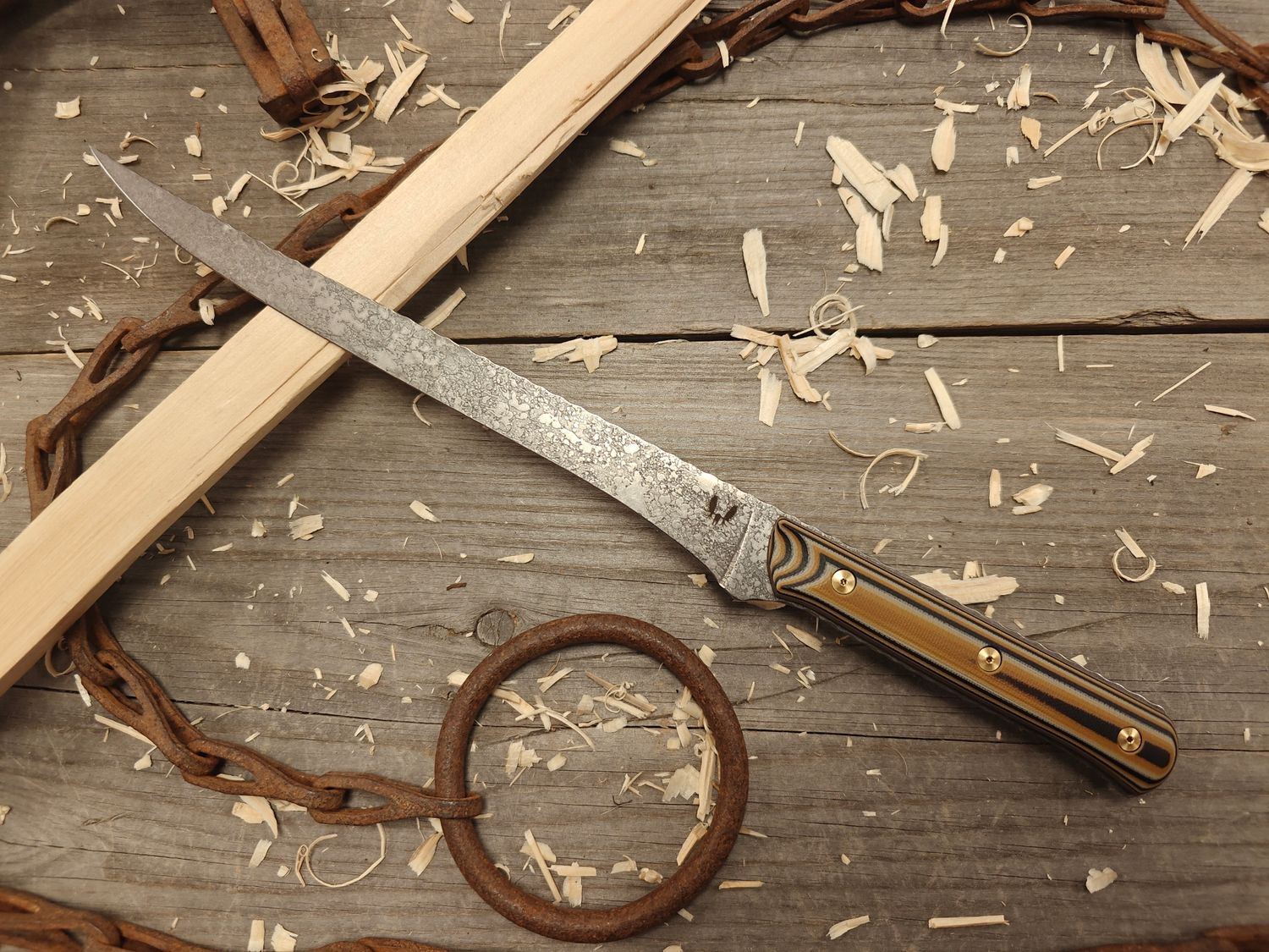 Semper Sharp 8.5" Fillet Knife / Earth Tone Stacked Micarta & Natural Micarta Liner / Acidwash Rockwork Nitro-V Semper Sharp 8.5" Fillet Knife / Earth Tone Stacked Micarta & Natural Micarta Liner / Acidwash Rockwork Nitro-V