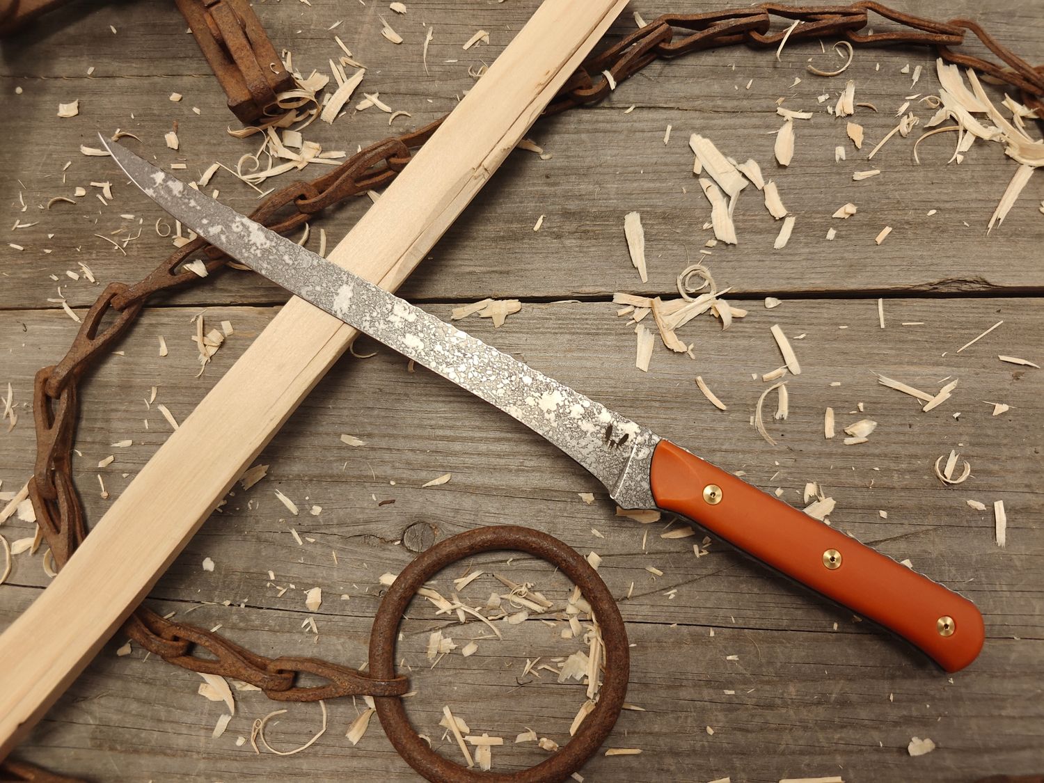 Semper Sharp 8.5&quot; Fillet Knife / Orange Micarta &amp; Black Liner / Acidwash Rockwork Nitro-V